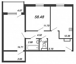 Юттери, IV кв. 2020, 2 комнаты, 58.48 м2