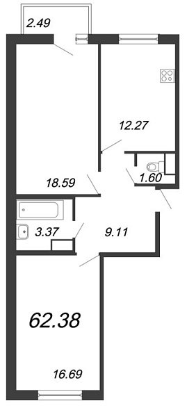 Новый Лесснер, IV кв. 2021, 2 комнаты, 62.38 м2
