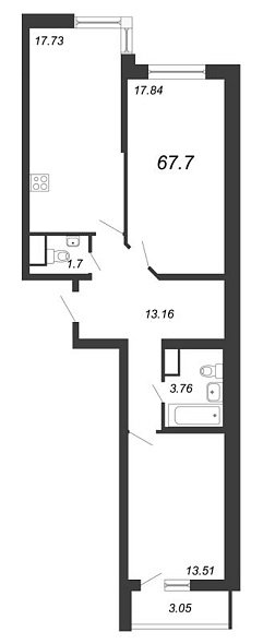 Приморский квартал, III кв. 2022, 2 комнаты, 67.70 м2