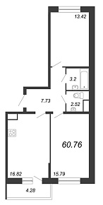 Охта Хаус, I кв. 2021, 2 комнаты, 60.76 м2