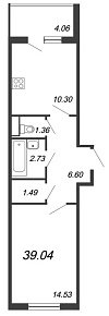 Юттери, III кв. 2021, 1 комната, 39.04 м2