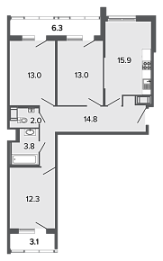 Ultra City, II кв. 2023, 3 комнаты, 74.80 м2