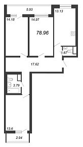 Приморский квартал, III кв. 2022, 3 комнаты, 78.96 м2
