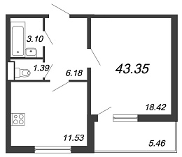 Юттери, III кв. 2021, 1 комната, 43.35 м2
