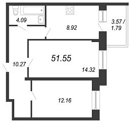 Чистый ручей, IV кв. 2021, 2 комнаты, 51.55 м2