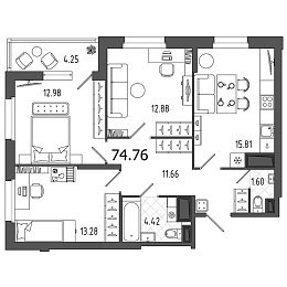 Охта Хаус, I кв. 2021, 3 комнаты, 74.76 м2