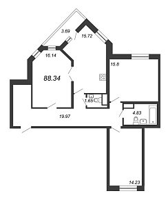 Приморский квартал, III кв. 2022, 3 комнаты, 88.34 м2