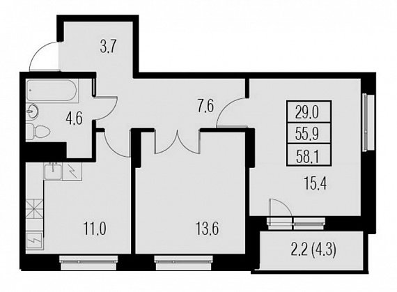 Жемчужный Каскад, IV кв. 2021, 2 комнаты, 58.10 м2