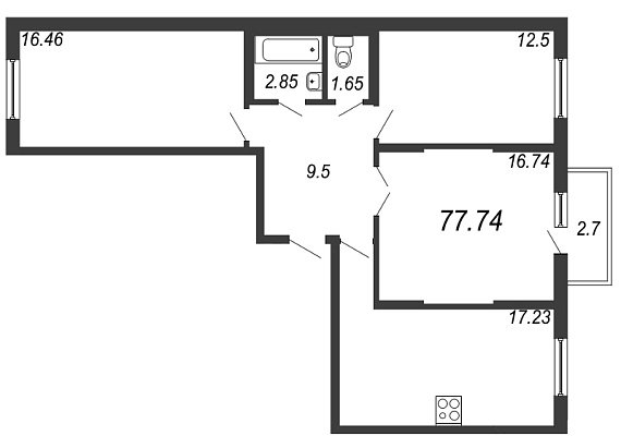 Новое Сертолово, IV кв. 2021, 3 комнаты, 77.74 м2