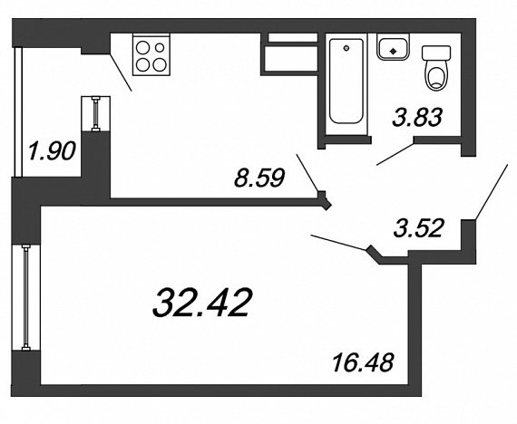Приневский, IV кв. 2021, 1 комната, 32.42 м2