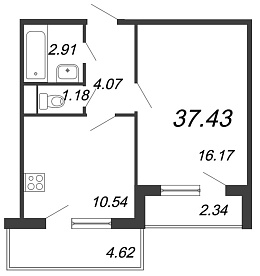 Новый Лесснер, IV кв. 2021, 1 комната, 37.43 м2