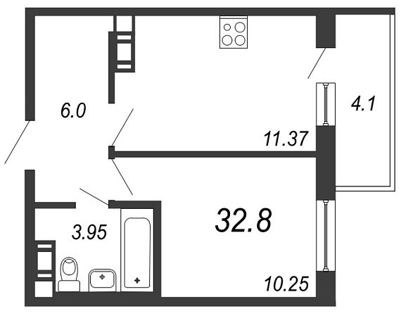IQ Гатчина, III кв. 2021, 1 комната, 32.80 м2