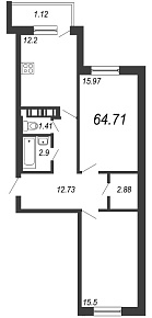 Новое Горелово, IV кв. 2020, 2 комнаты, 64.71 м2