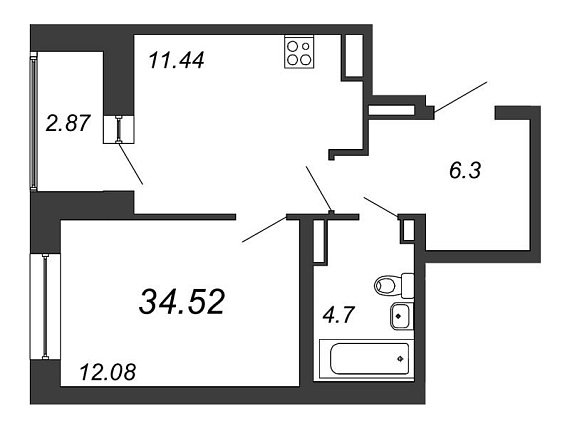 Елизаровский, II кв. 2021, 1 комната, 34.52 м2