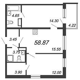 Юттери, III кв. 2021, 2 комнаты, 58.87 м2