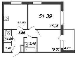 Юттери, III кв. 2021, 2 комнаты, 51.39 м2