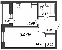 Приневский, IV кв. 2021, 1 комната, 34.96 м2