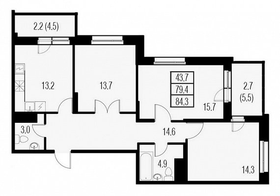 Жемчужный Каскад, IV кв. 2020, 3 комнаты, 84.20 м2