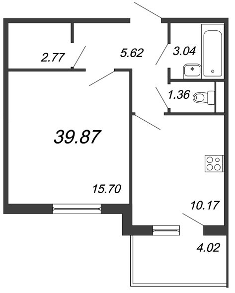 Юттери, III кв. 2021, 1 комната, 39.87 м2