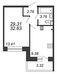 Полюстрово, IV кв. 2020, 1 комната, 29.31 м2