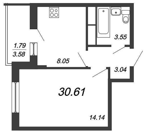 Полис на Комендантском, IV кв. 2021, 1 комната, 30.61 м2
