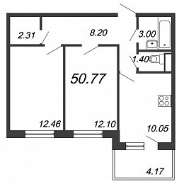Юттери, III кв. 2021, 2 комнаты, 50.77 м2