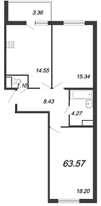 Новый Лесснер, IV кв. 2021, 2 комнаты, 63.57 м2