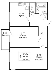 Шуваловский дуэт, IV кв. 2020, 2 комнаты, 56.42 м2