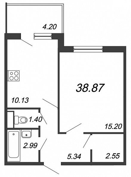 Юттери, III кв. 2021, 1 комната, 38.87 м2