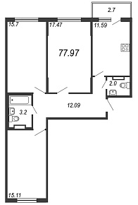 Новое Сертолово, IV кв. 2021, 3 комнаты, 77.97 м2