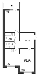 Охта Хаус, I кв. 2021, 2 комнаты, 62.04 м2