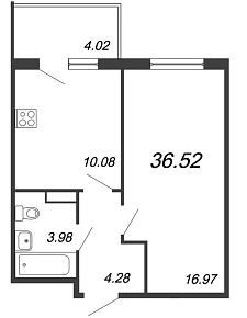 Юттери, III кв. 2021, 1 комната, 36.52 м2
