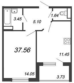 Юттери, III кв. 2021, 1 комната, 37.56 м2