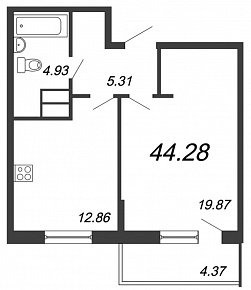 Охта Хаус, I кв. 2021, 1 комната, 44.28 м2