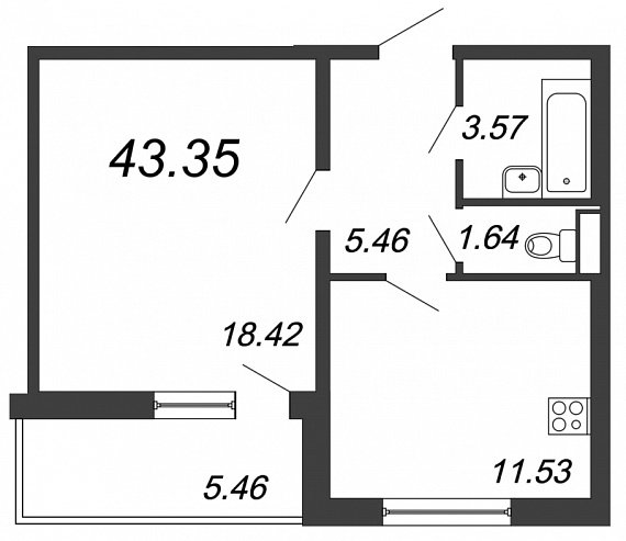 Юттери, III кв. 2021, 1 комната, 43.35 м2