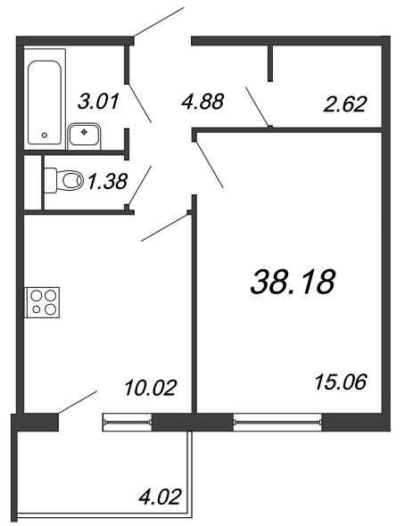 Юттери, III кв. 2021, 1 комната, 38.18 м2