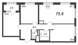 Галактика, IV кв. 2022, 3 комнаты, 75.60 м2