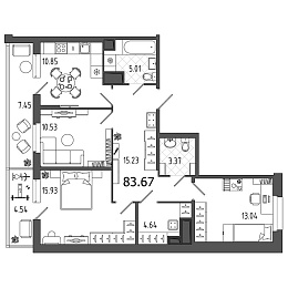 Охта Хаус, I кв. 2021, 3 комнаты, 83.67 м2