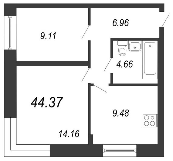Чистый ручей, IV кв. 2021, 2 комнаты, 44.37 м2