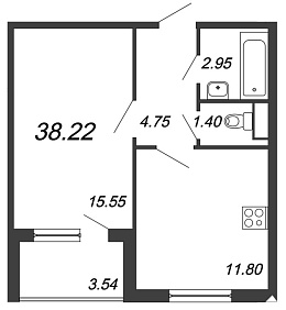 Юттери, III кв. 2021, 1 комната, 38.22 м2