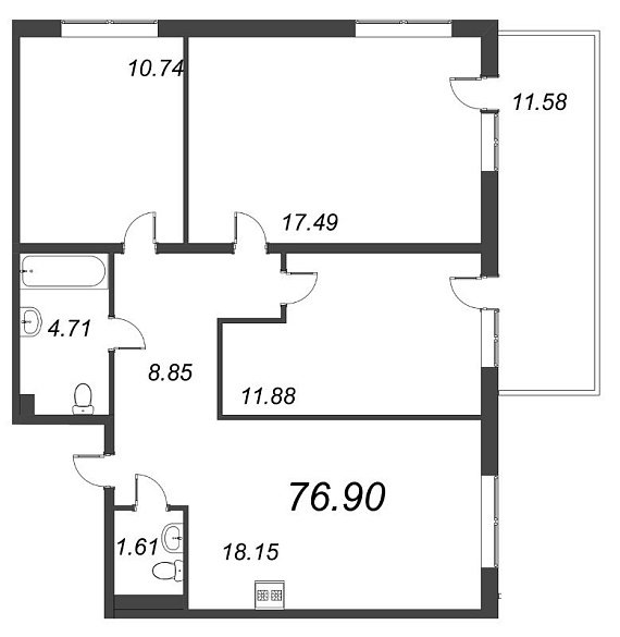Grona Lund, II кв. 2022, 3 комнаты, 76.90 м2