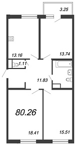 Новый Лесснер, IV кв. 2021, 3 комнаты, 80.26 м2