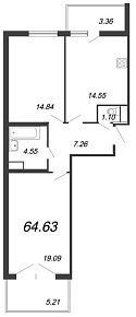 Новый Лесснер, IV кв. 2021, 2 комнаты, 64.63 м2