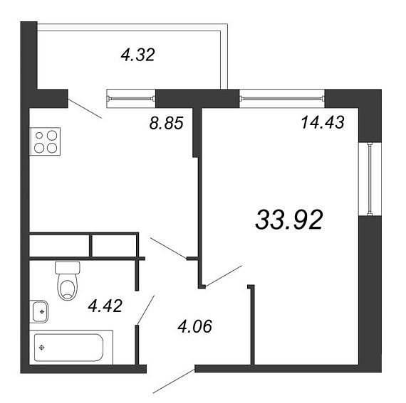 Охта Хаус, I кв. 2021, 1 комната, 33.92 м2
