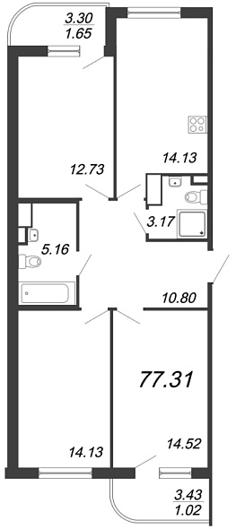Энфилд, IV кв. 2020, 3 комнаты, 77.31 м2