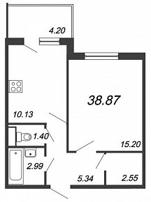 Юттери, III кв. 2021, 1 комната, 38.87 м2