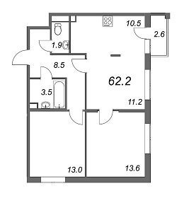 Inkeri, III кв. 2022, 3 комнаты, 62.20 м2