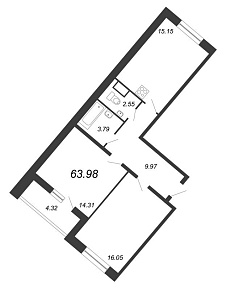 Охта Хаус, I кв. 2021, 2 комнаты, 63.98 м2