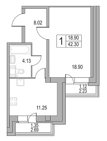 Приморский квартал, II кв. 2021, 1 комната, 42.30 м2