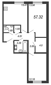 IQ Гатчина, IV кв. 2020, 2 комнаты, 57.32 м2